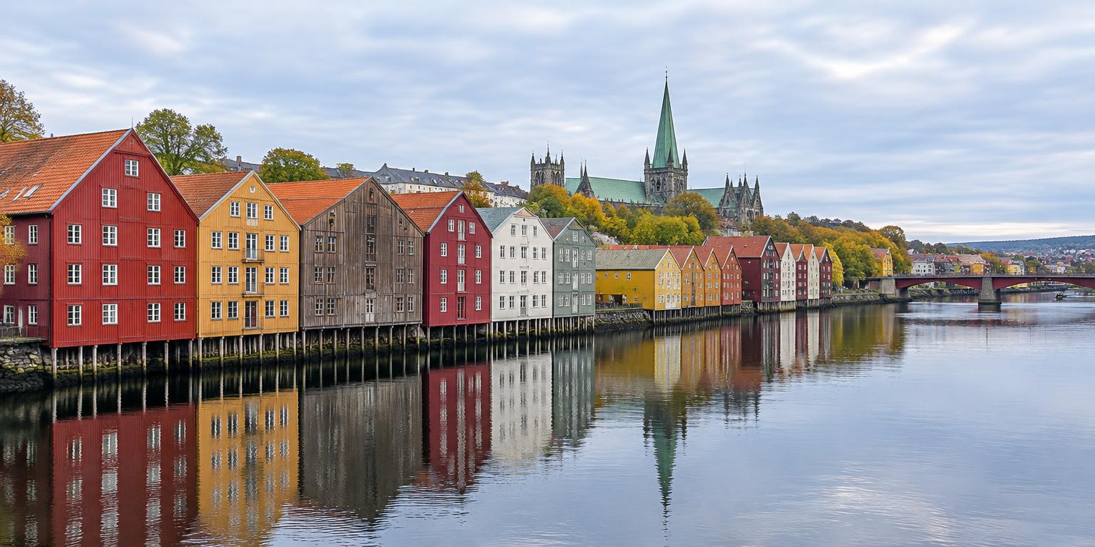 Illustrasjon av bryggerekken langs Nidelva i Trondheim